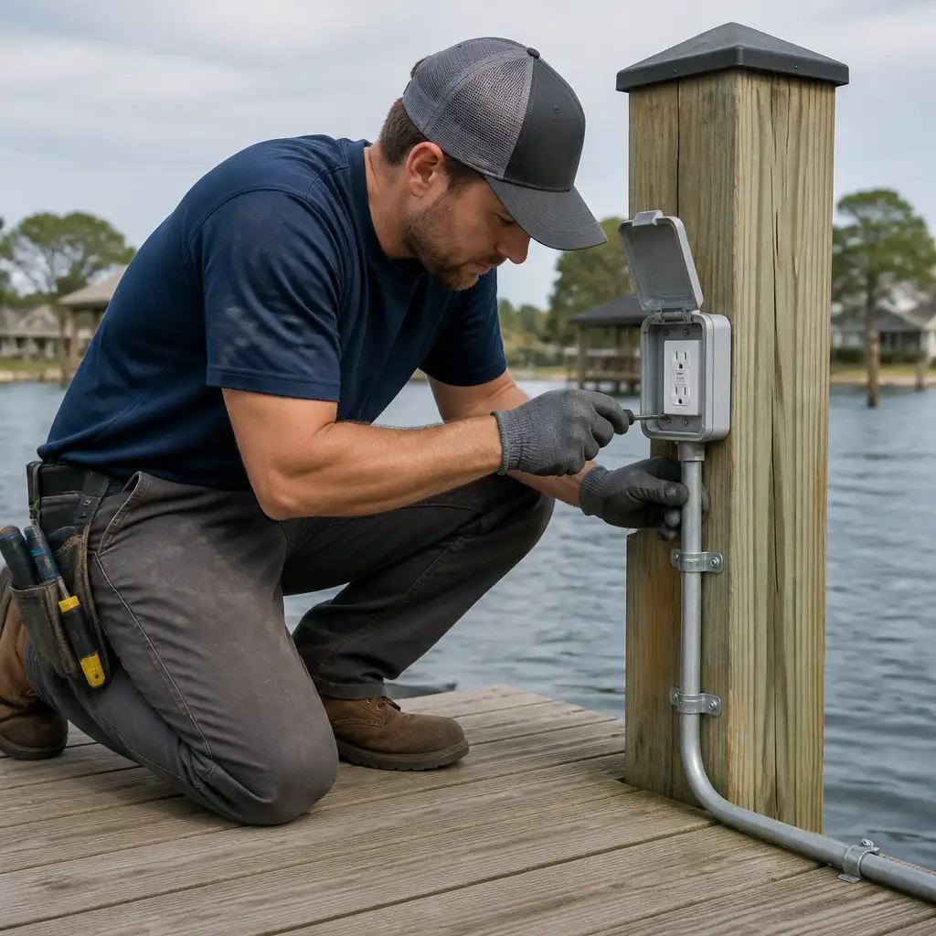 Person kneeling on dock tightening outdoor outlet on wooden post