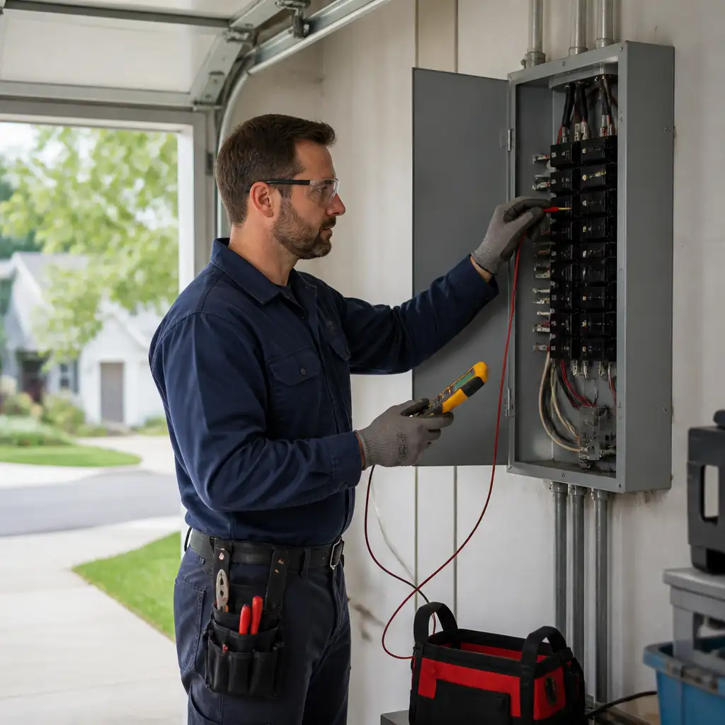 Man in workwear testing garage electrical panel with meter