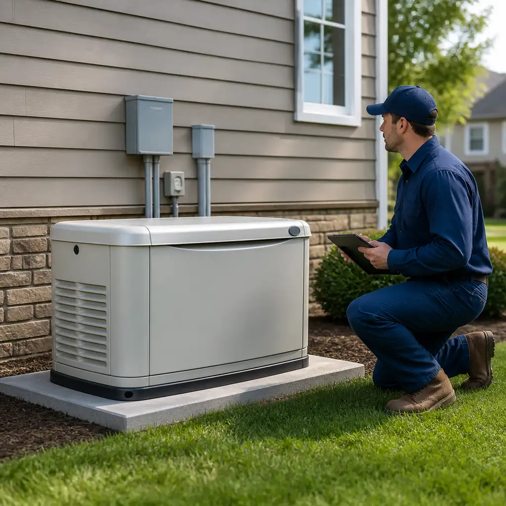 Man in blue uniform kneeling beside residential generator holding tablet