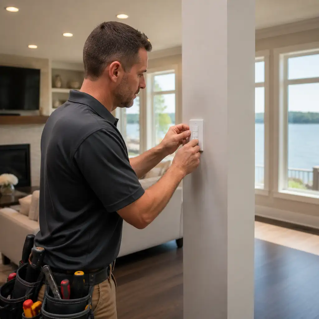 Man installing light switch on pillar beside lake view windows