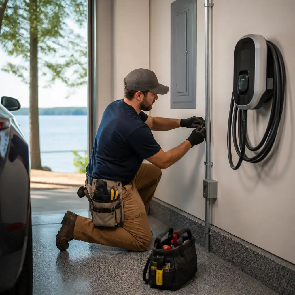 Worker kneeling installs conduit beside wall-mounted EV charger