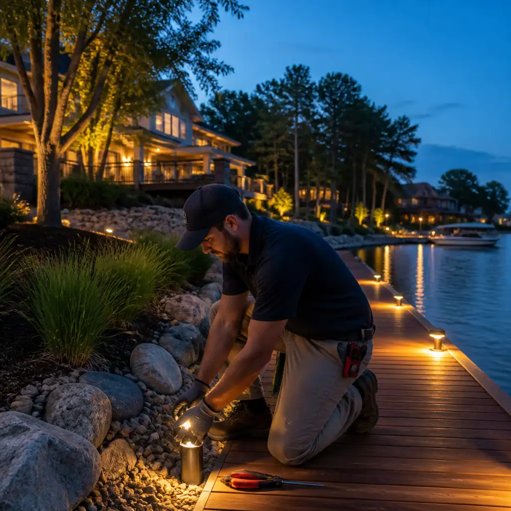 Man kneeling on dock installing pathway light