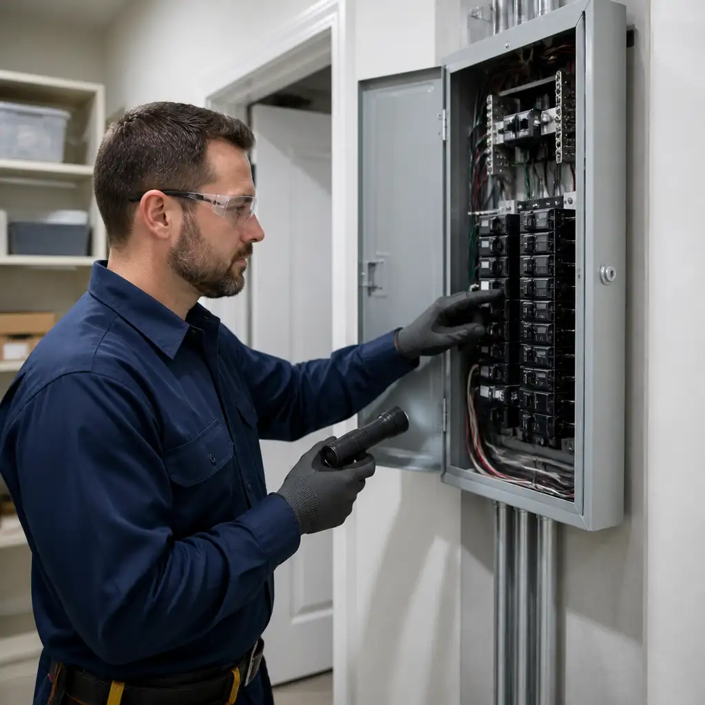 Man in safety glasses and gloves inspecting electrical panel