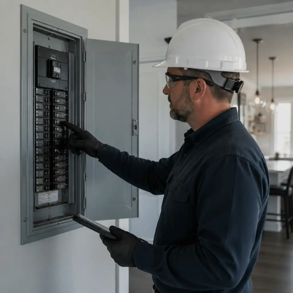Man with hard hat, gloves, and safety glasses at panel
