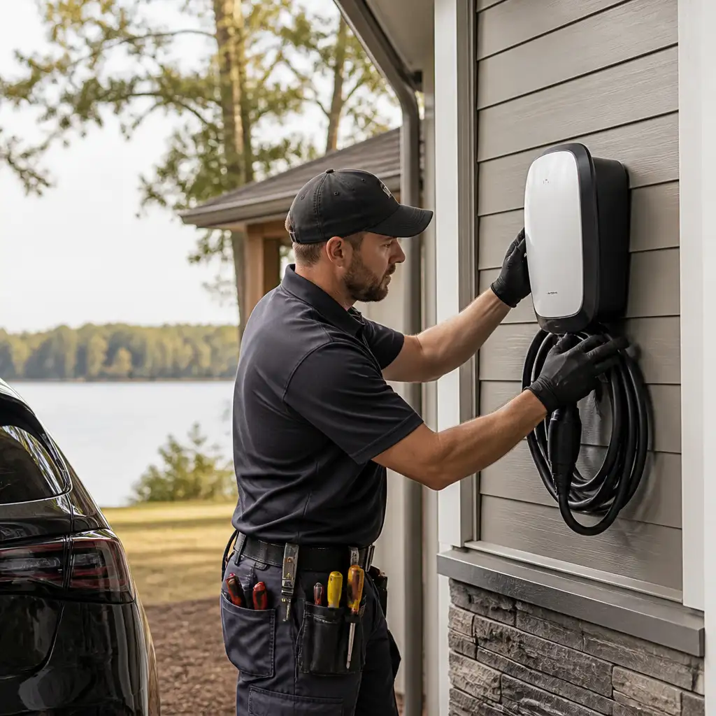 Man securing wall-mounted EV charger next to parked car