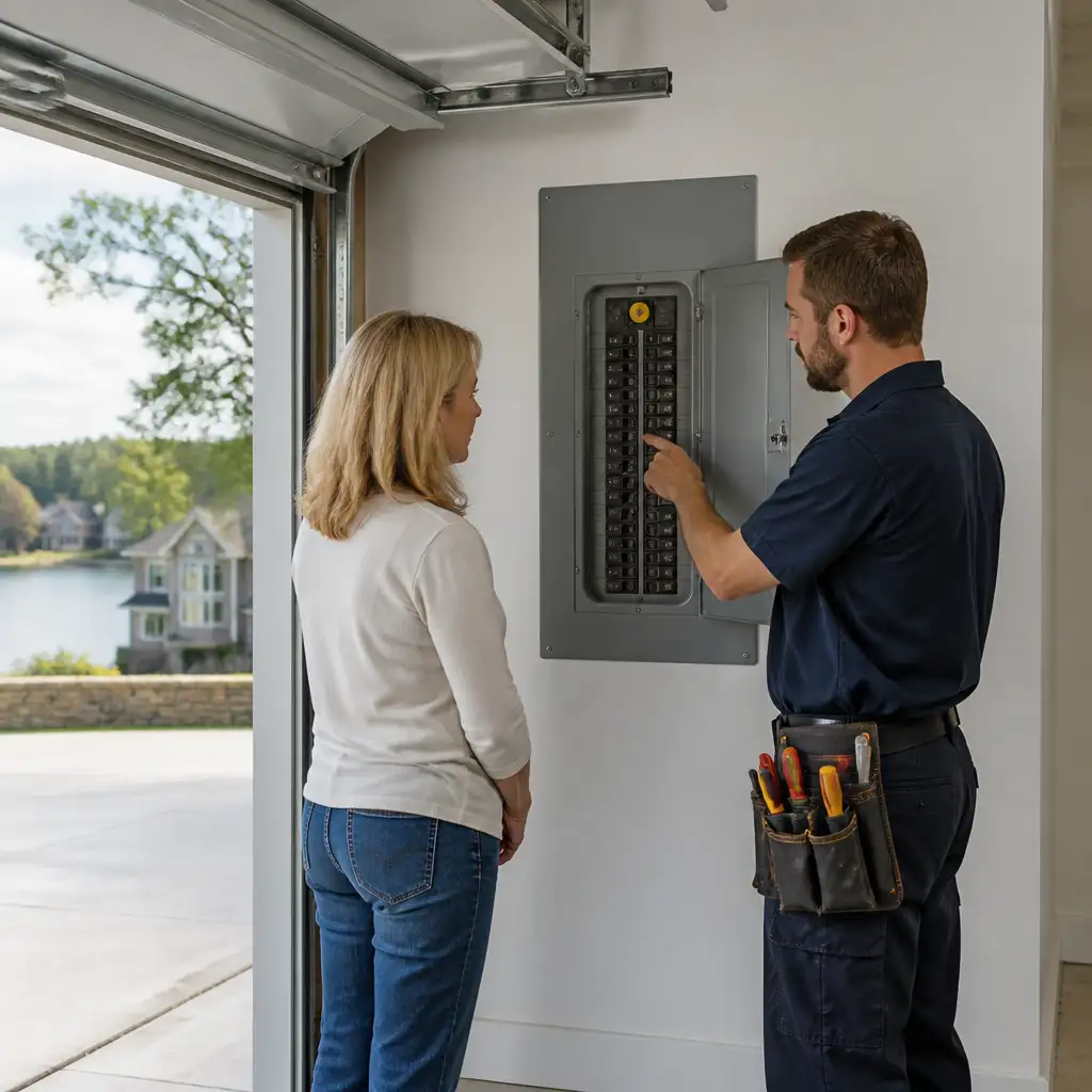 Man with tool belt pointing at electrical panel, woman observing