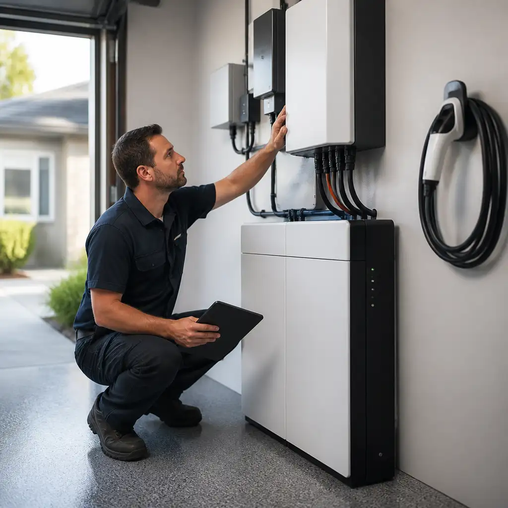 Man kneeling inspecting battery storage unit with coiled EV cable