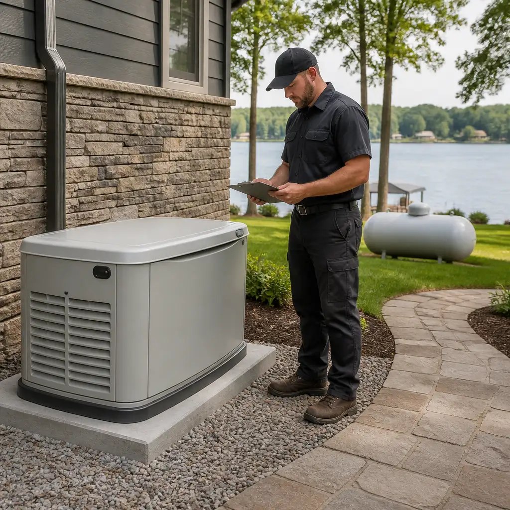 Man in black uniform with clipboard beside generator, propane tank