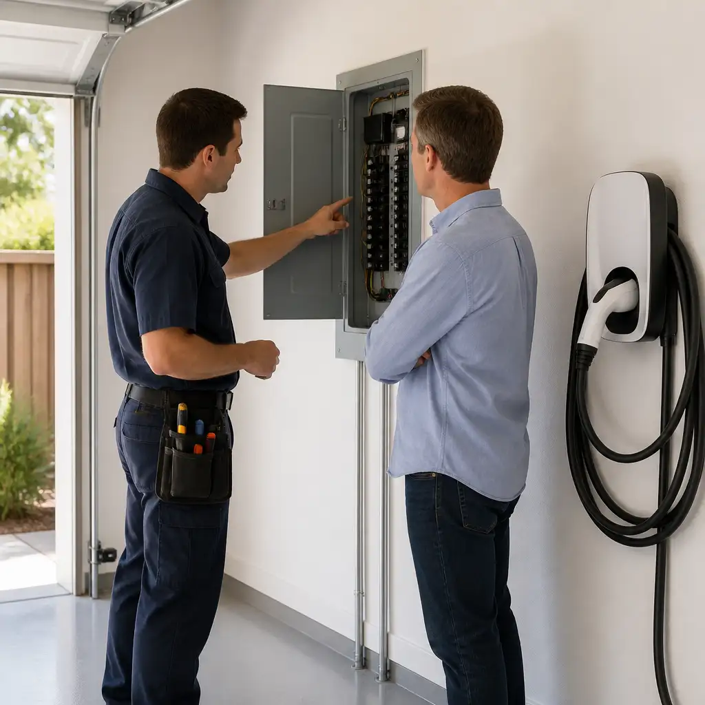 Two men inspecting open electrical panel beside wall-mounted EV charger