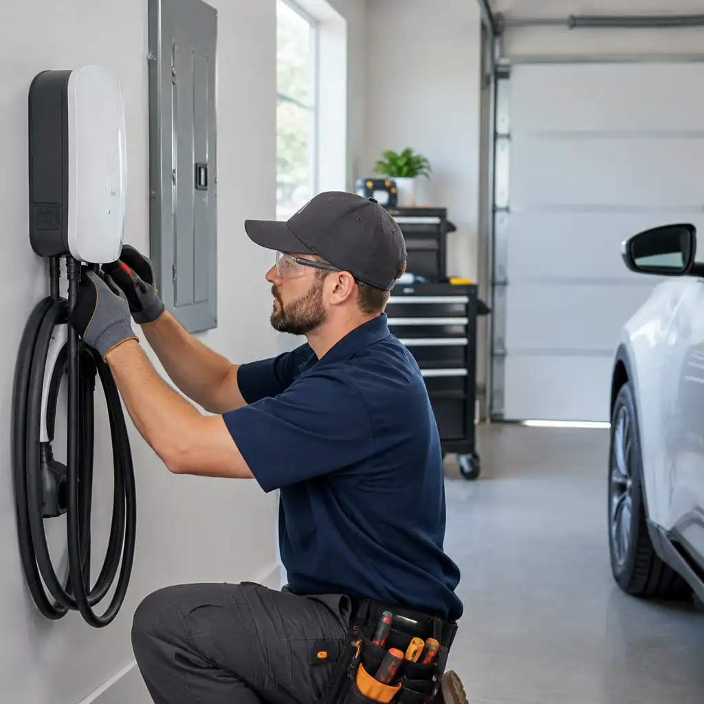 Man kneeling installing wall-mounted electric vehicle charger in garage