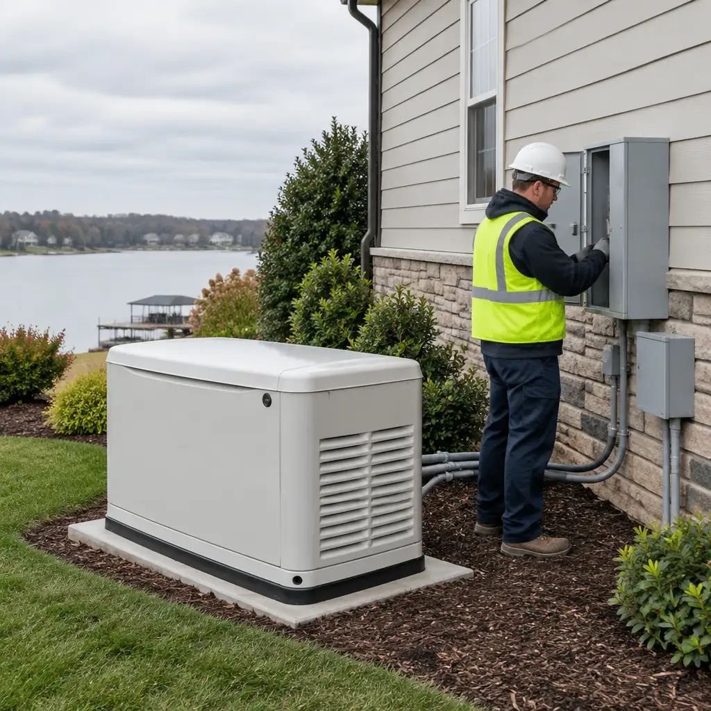 Residential generator with worker inspecting exterior electrical panel near lake