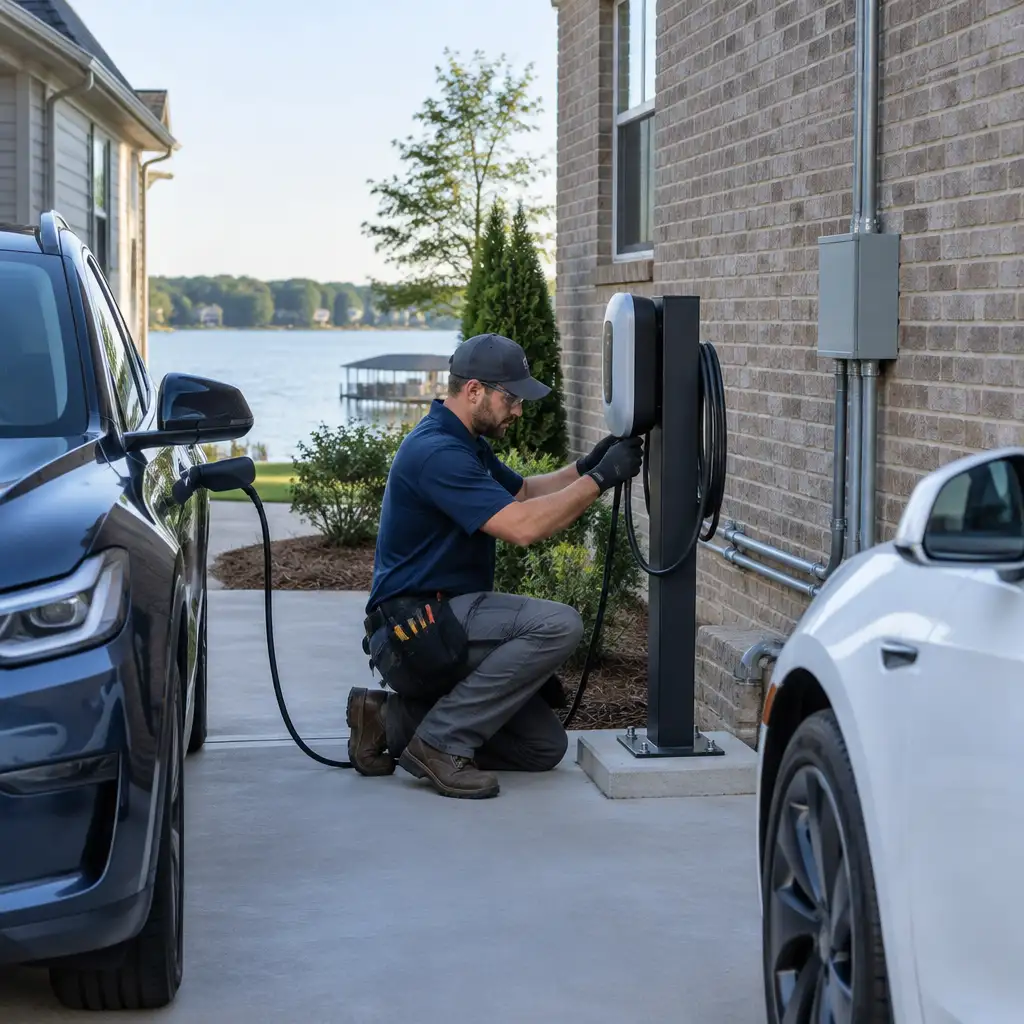 Man kneeling by electric vehicle charger between two cars