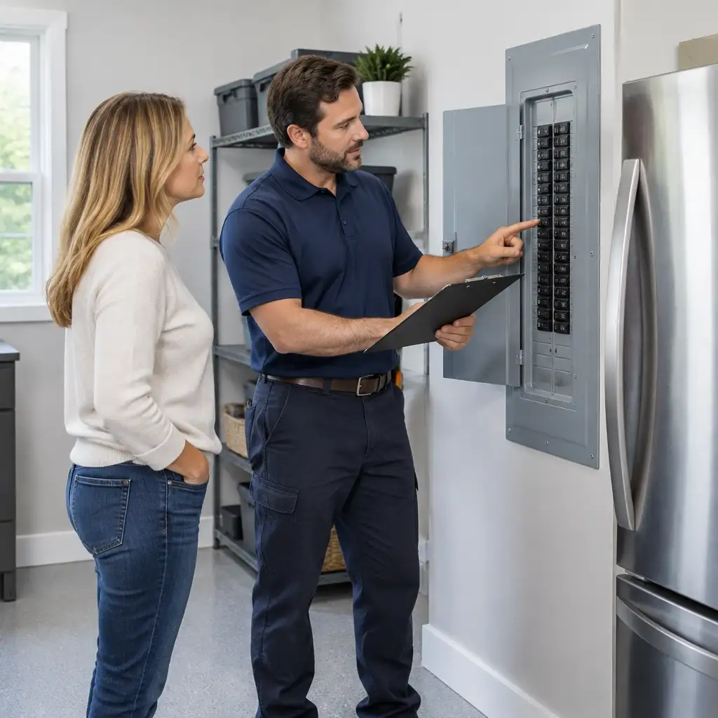 Man holding clipboard pointing at electrical panel while woman watches