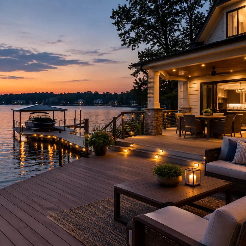 Lakeside deck at dusk with boat, lit dock, and seating