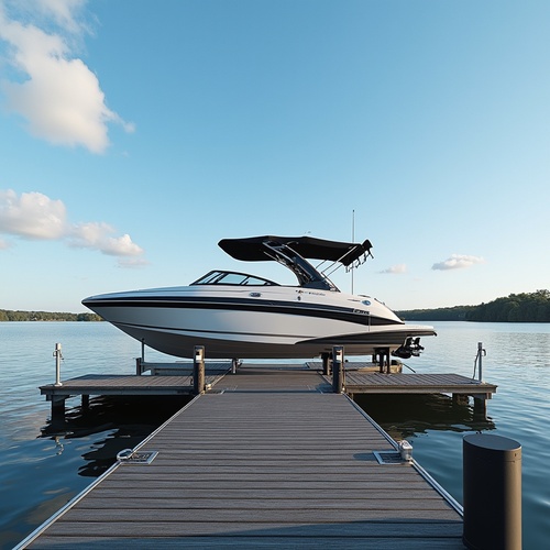 Motorboat raised on lift over Lake Norman waters