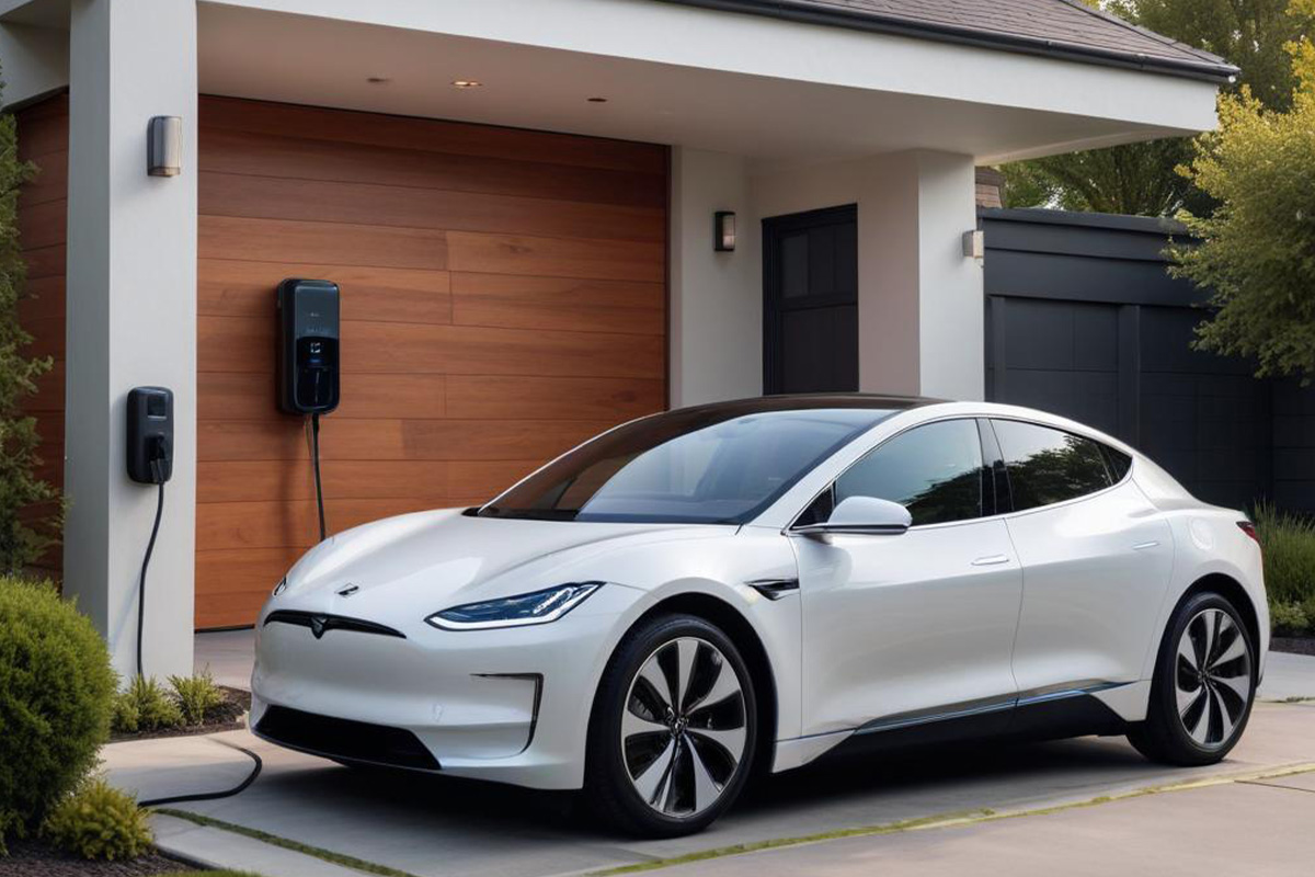 White electric car charging outside a modern home.
