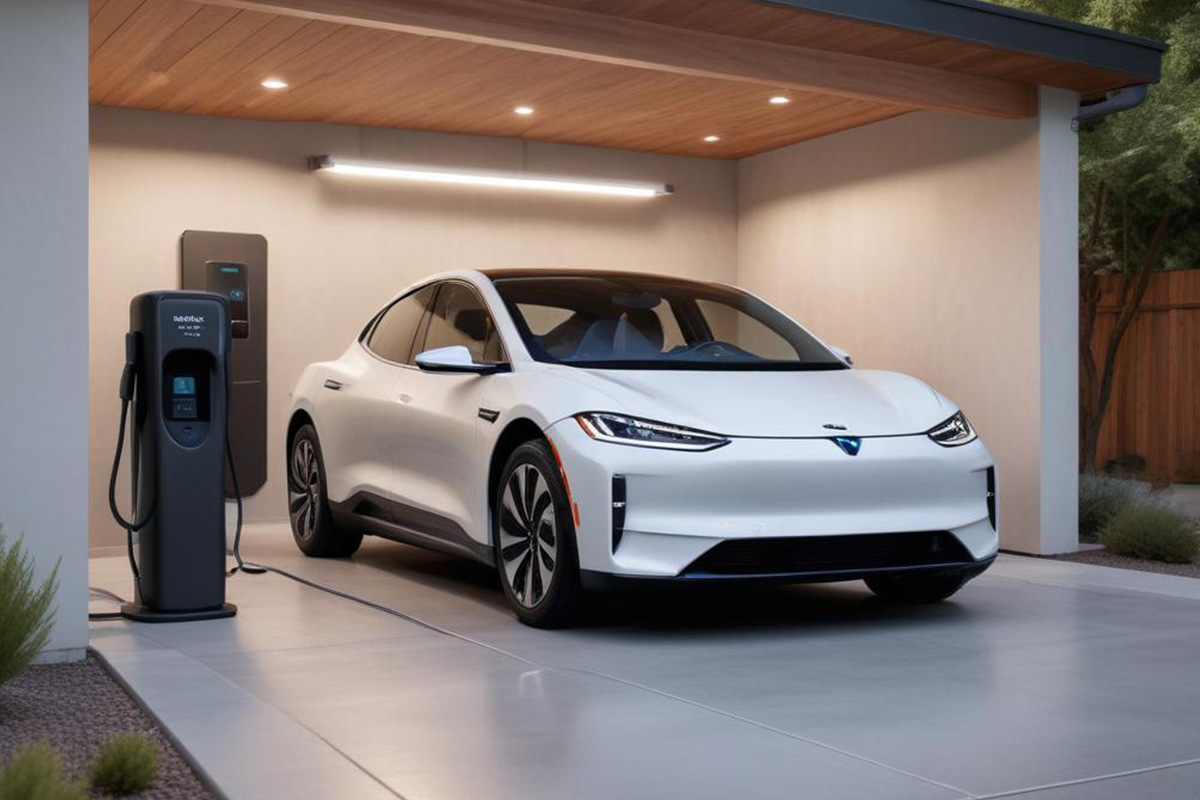 White electric car charging in a modern open garage.