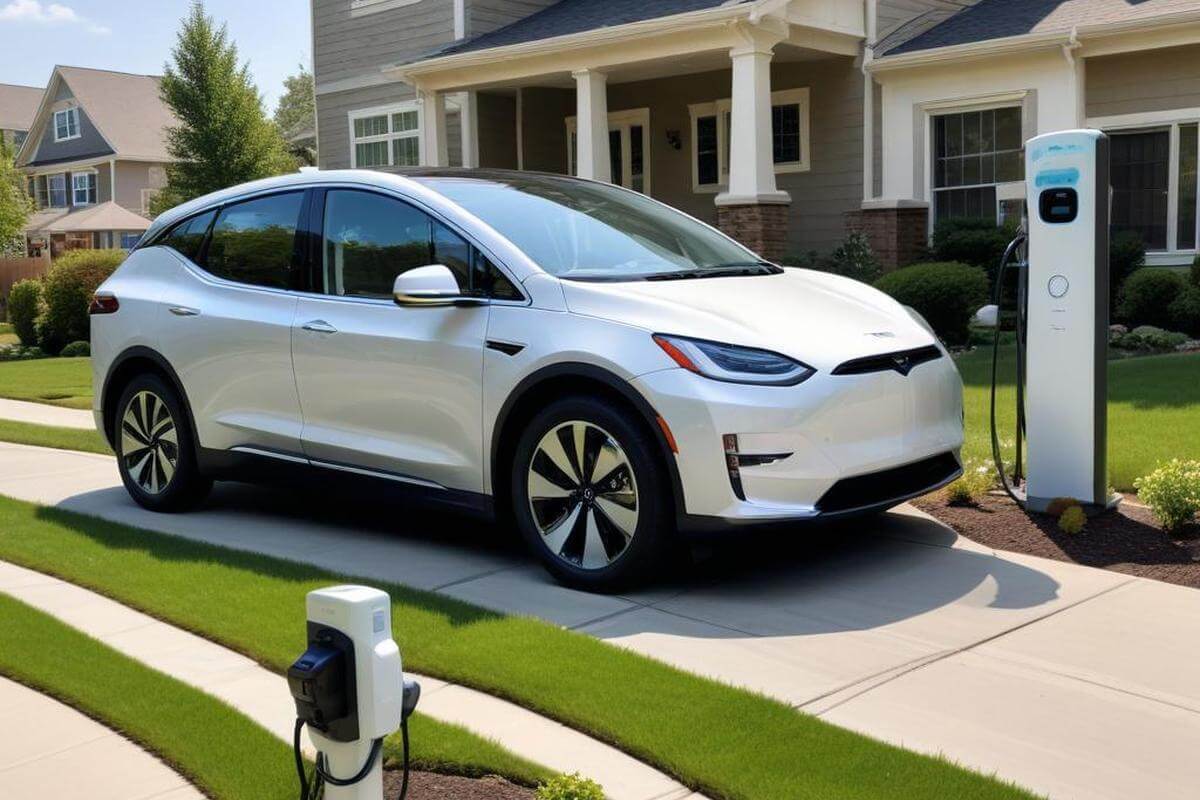 Electric car charging in suburban driveway during daytime