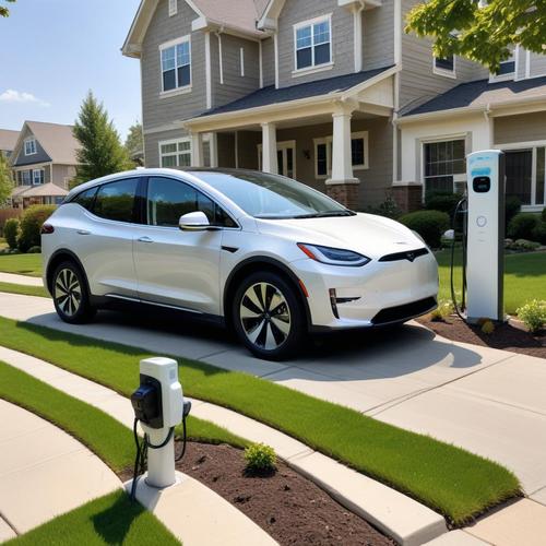 Electric car charging in suburban driveway during daytime