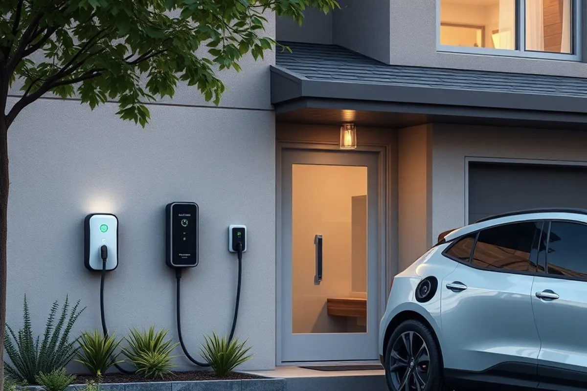 Modern home with electric car charging station outside front entrance.