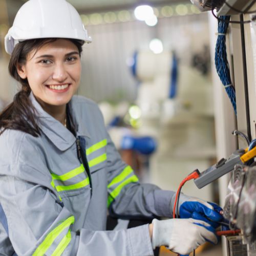 electricity engineer female working check service high voltage electrical cabinet