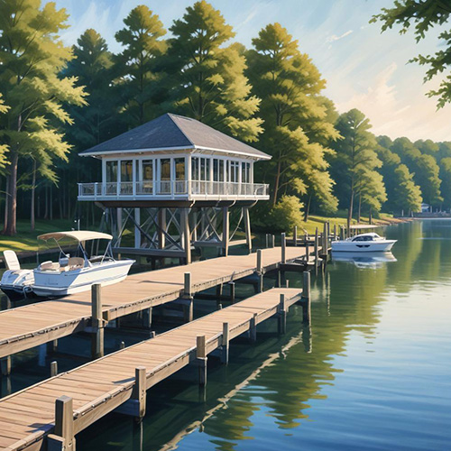 Lakefront dock with boats and a stilted boathouse.