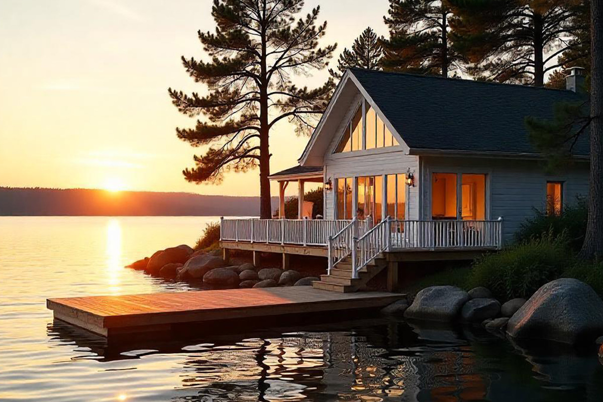 A cozy cabin on a lake at sunset.