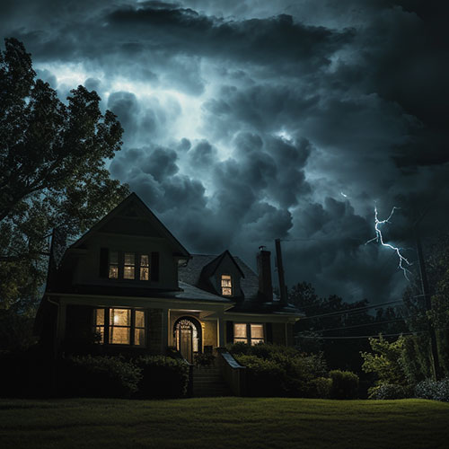 a home at night time. Cloudy and stormy Lightening