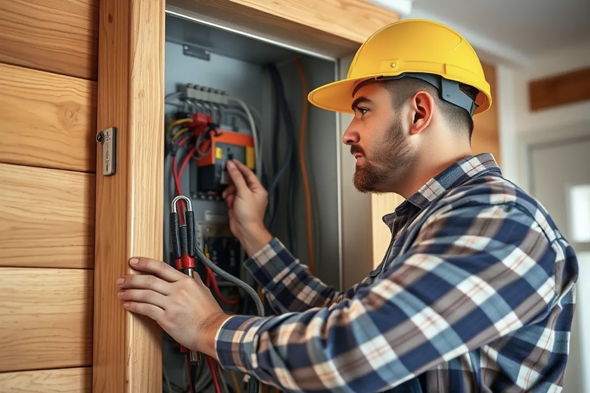 Electrician wearing helmet inspecting home electrical panel carefully indoors.