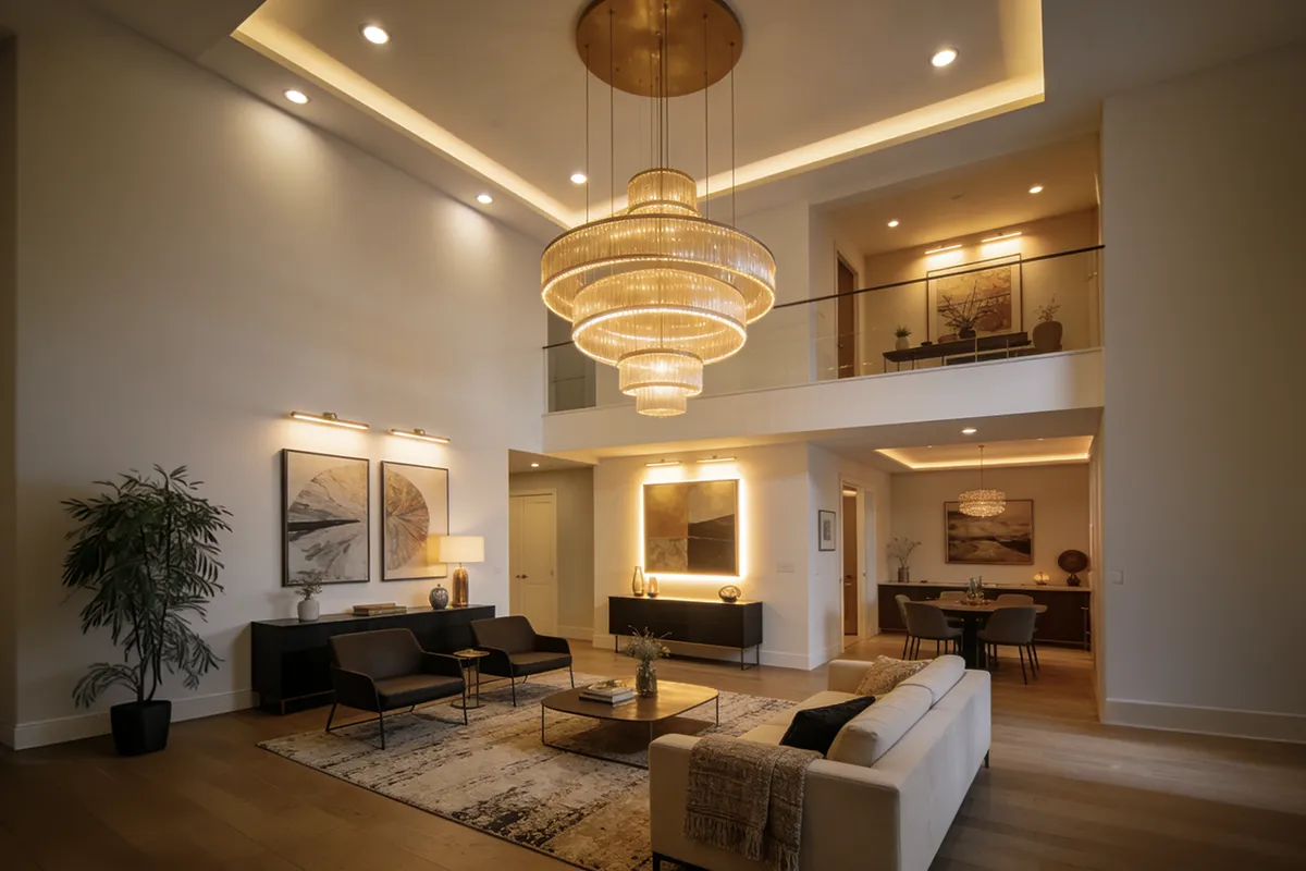 Luxury living room with chandelier, furniture, and decorative modern accents.