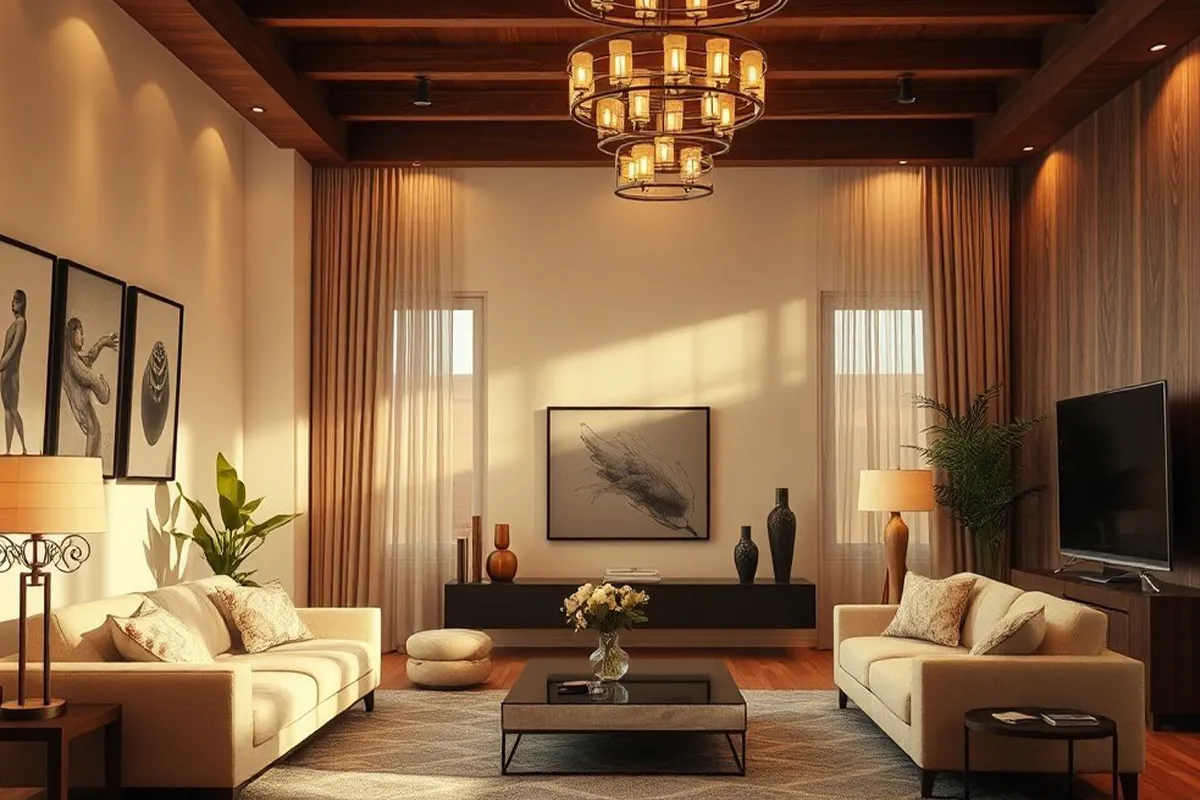 Modern living room with cozy seating and decor