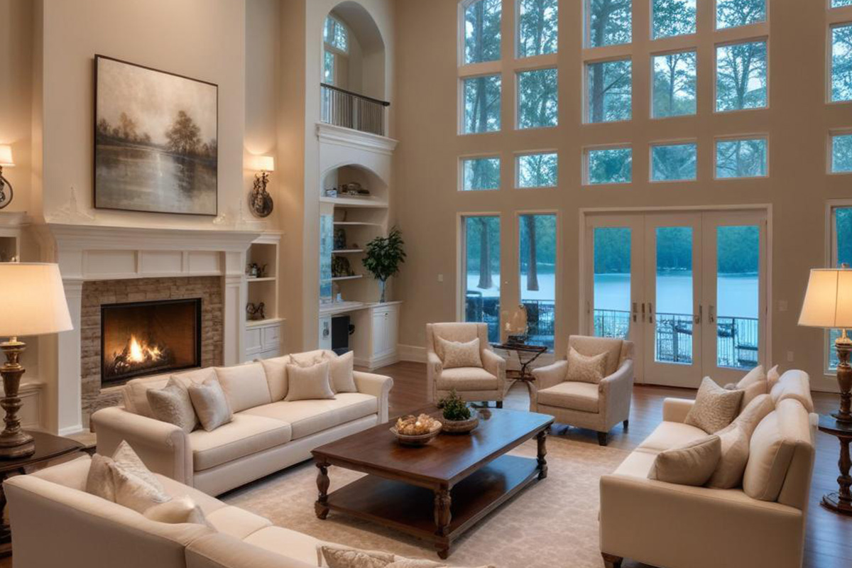 Elegant living room with large windows and chandelier