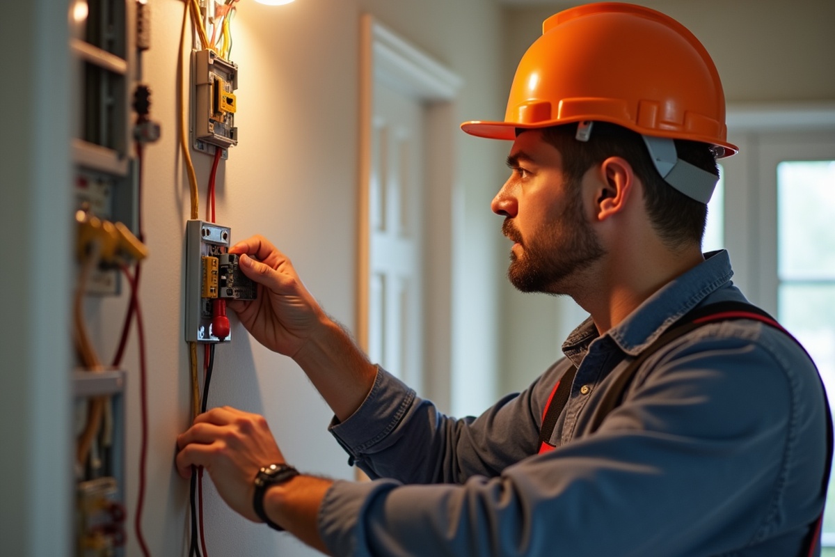 Electrician inspecting circuit breaker panel indoors