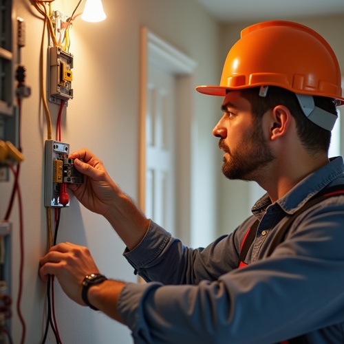 Electrician inspecting circuit breaker panel indoors