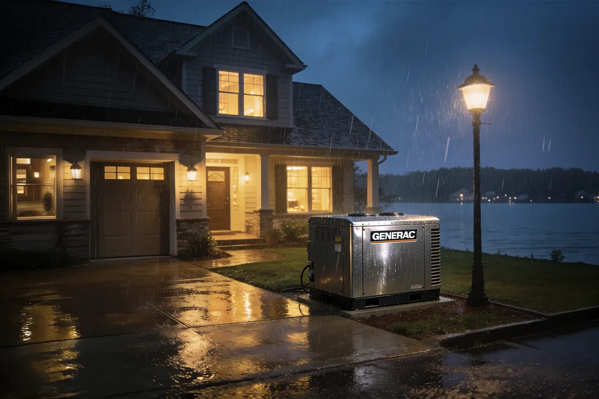House with generator running outside during heavy storm at night.