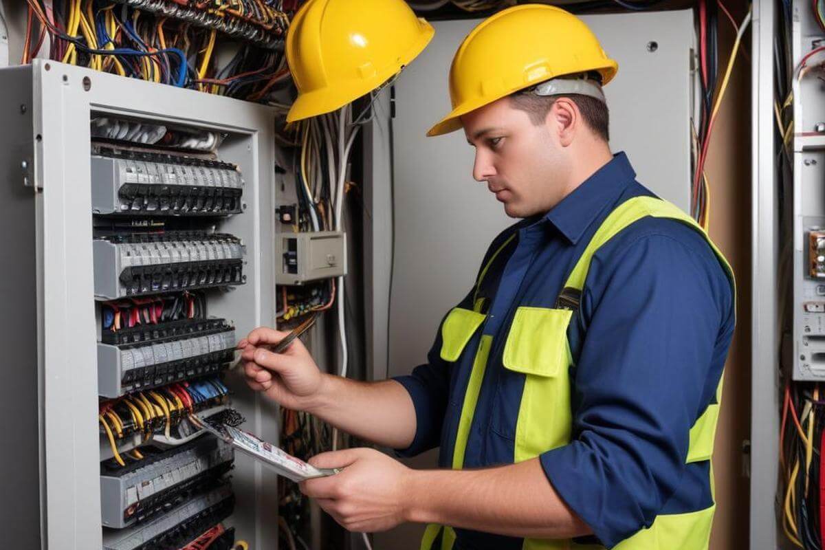 Electrician inspecting residential circuit breaker panel