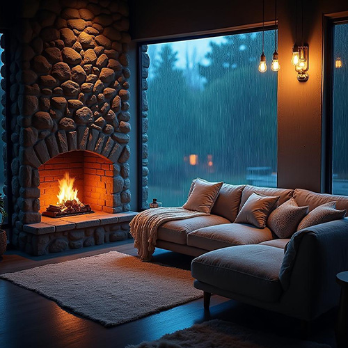Cozy living room with stone fireplace and large rain-streaked windows.