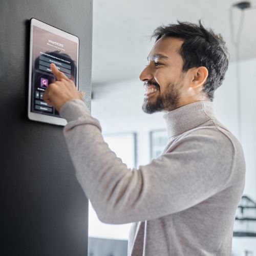 Smart home technology, wall system or man with digital dashboard screen for room lighting, safety s