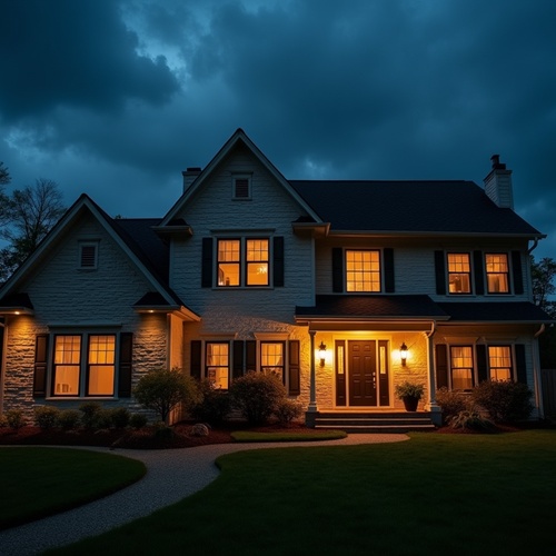Backup generator powering a home at dusk