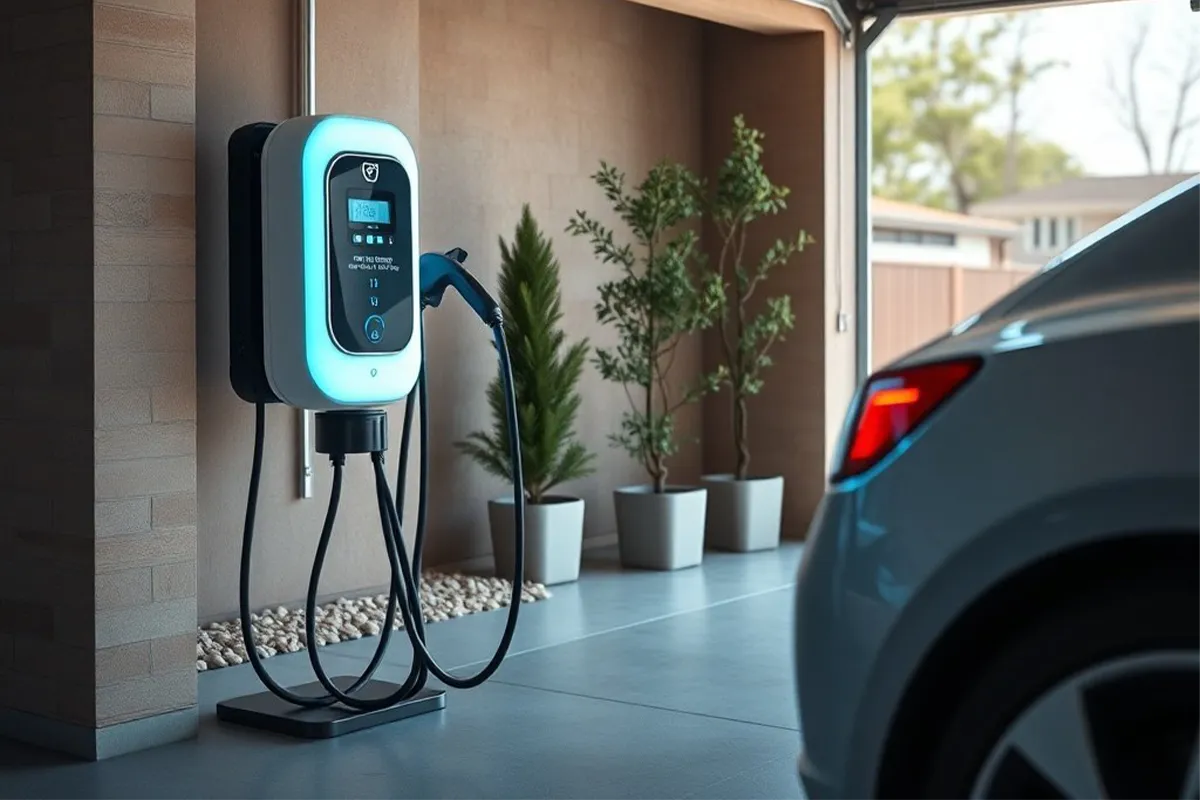 Electric vehicle charging unit with car in garage