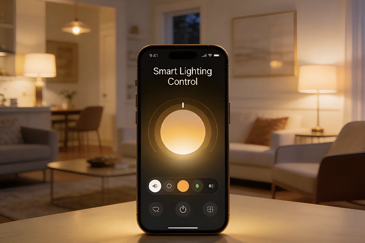 Smartphone controlling indoor lighting remotely in modern cozy living room.