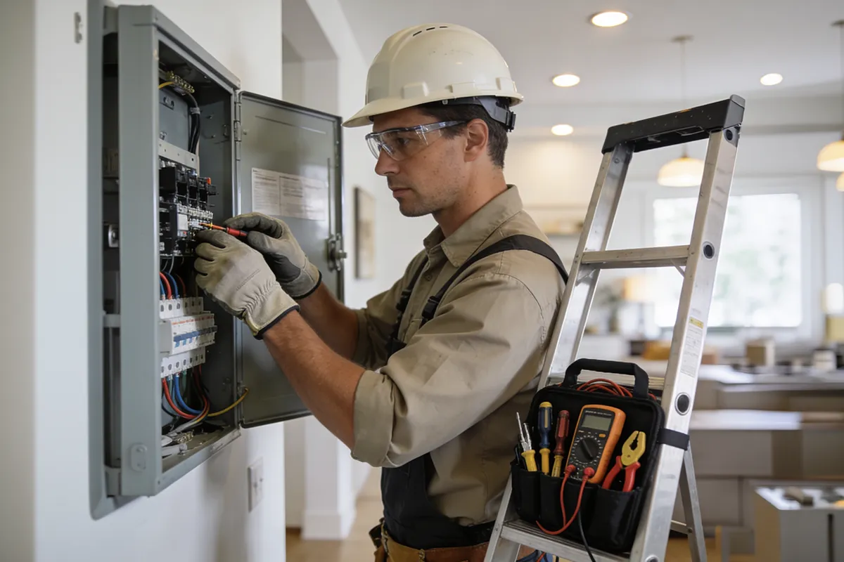 Electrician repairing electrical panel using tools with ladder nearby indoors.