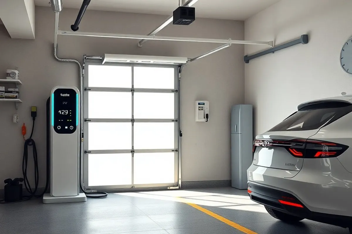 Electric vehicle charging station in a modern garage