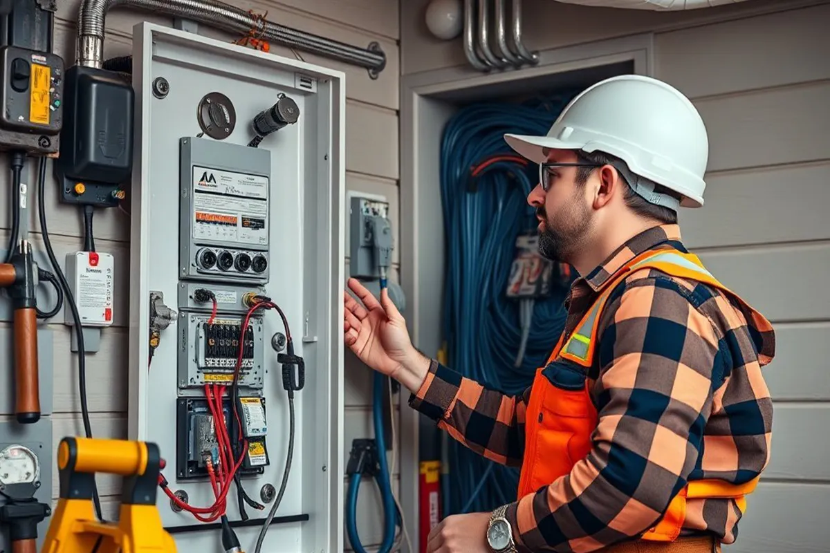 Electrician working on a circuit breaker panel