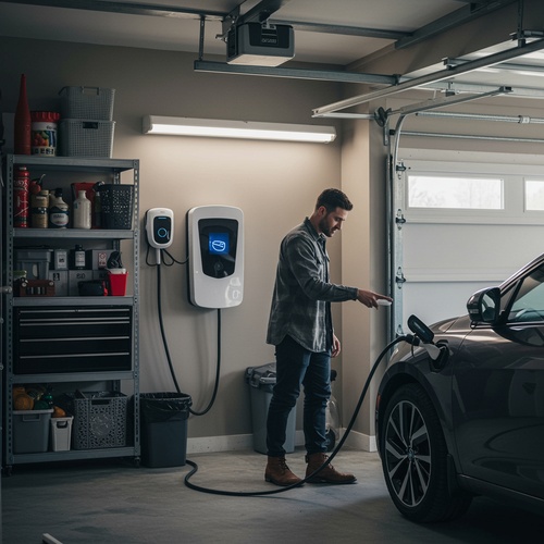 Homeowner plugs electric vehicle into wall-mounted garage charger unit