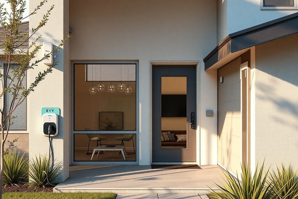 Home EV charger mounted beside modern front entry