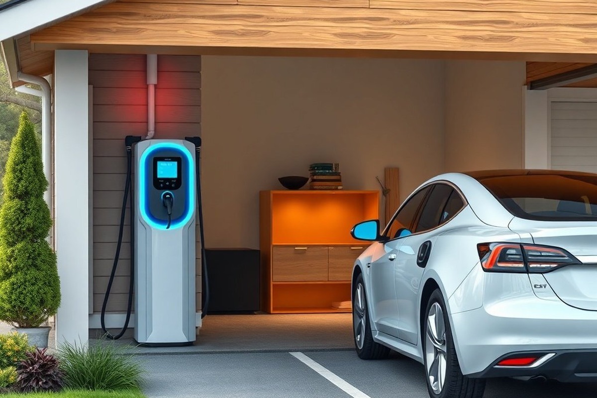 EV charging station in garage with electric car parked