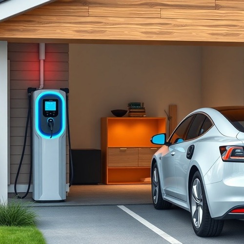 EV charging station in garage with electric car parked