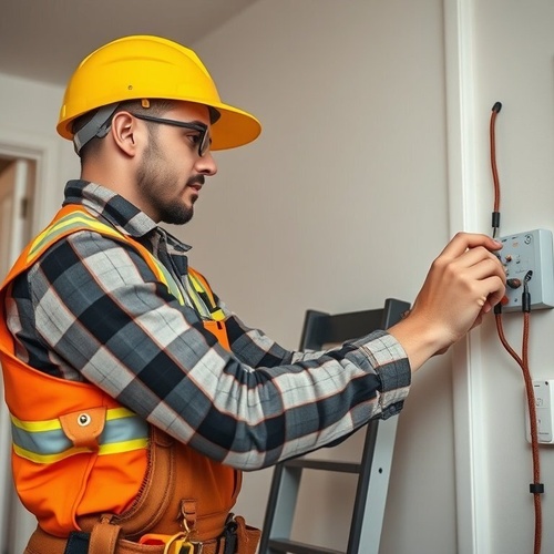 Electrician adjusting wiring during home electrical inspection