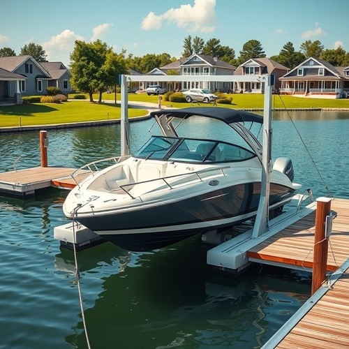 Boat lifted above water on lakeside dock system